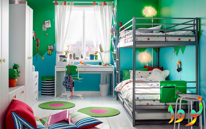 ديكور غرفة نوم أولادي لطفلين باللون الأخضر
